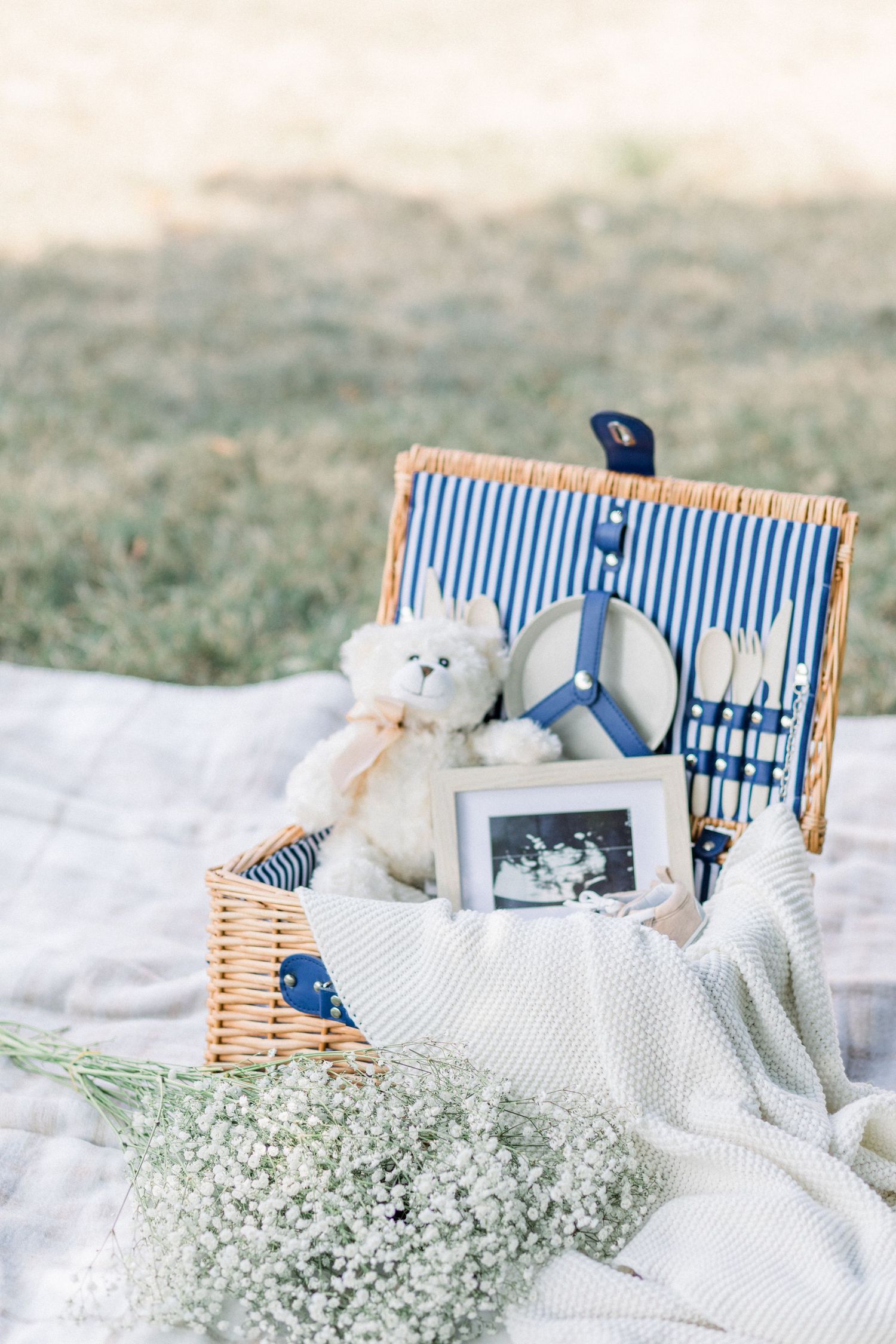 A cozy picnic setup with a blue and white striped blanket, wicker basket, and delicate baby's breath flowers on grass.