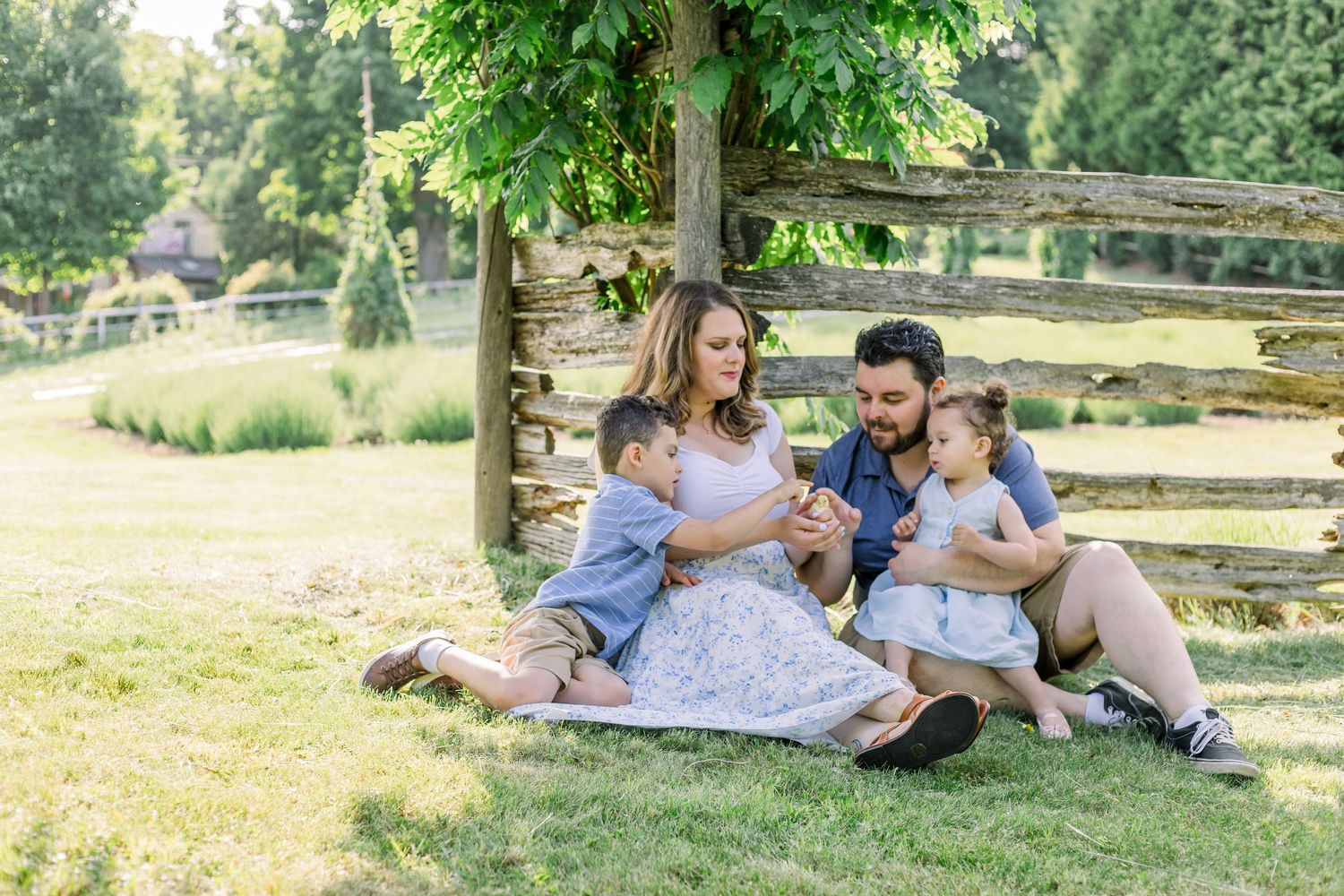 A couple relaxes together on a blanket in a sunny park setting with trees and grass surrounding them.