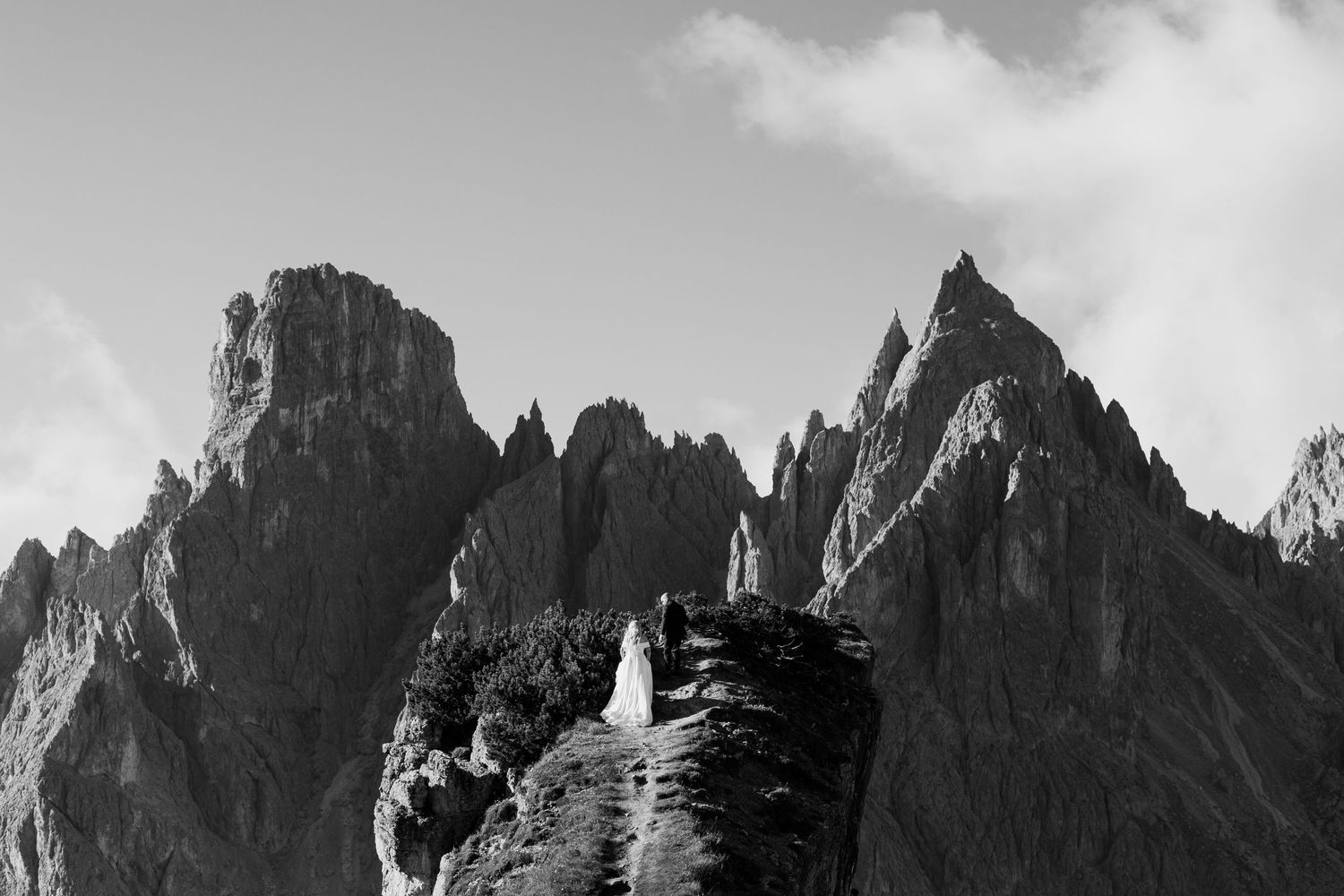 Portugal wedding photographer Dramatic black and white mountain landscape with jagged rocky peaks against cloudy sky.