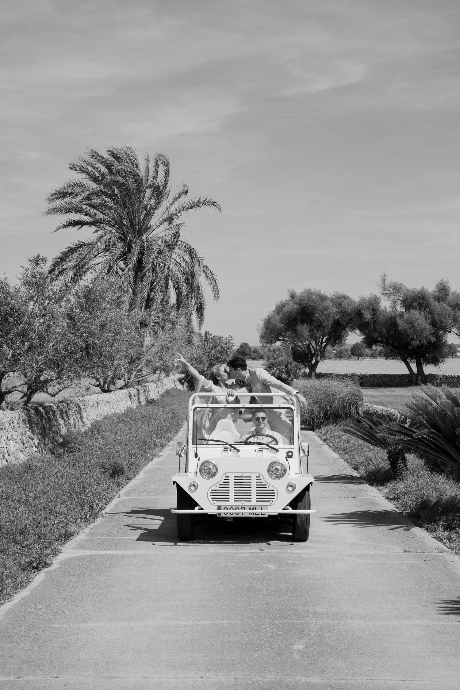 Classic vintage car driving down a palm tree lined path in black and white.