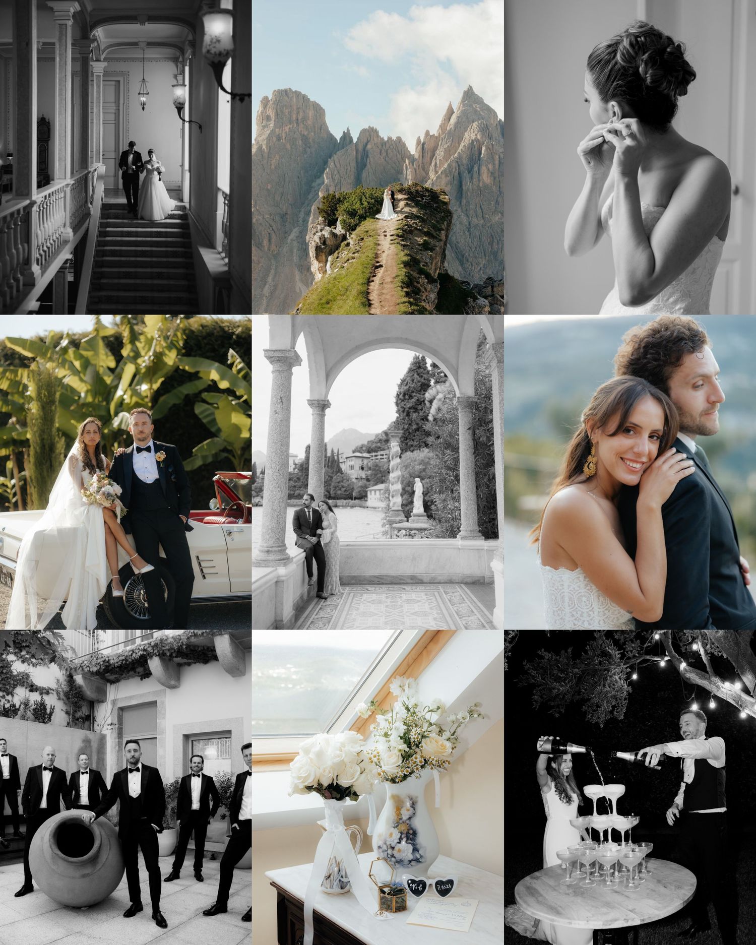 A collection of wedding photography featuring couples, mountain scenery, florals and monochrome portraits in a 3x3 grid layout.