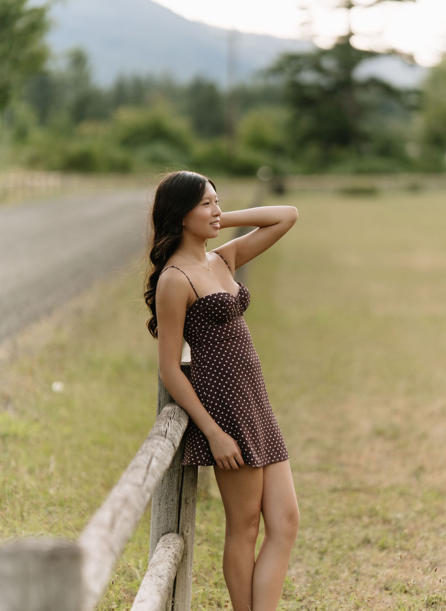 Young woman in a brown polka dot sundress poses against a wooden fence beside a country road with mountains behind.