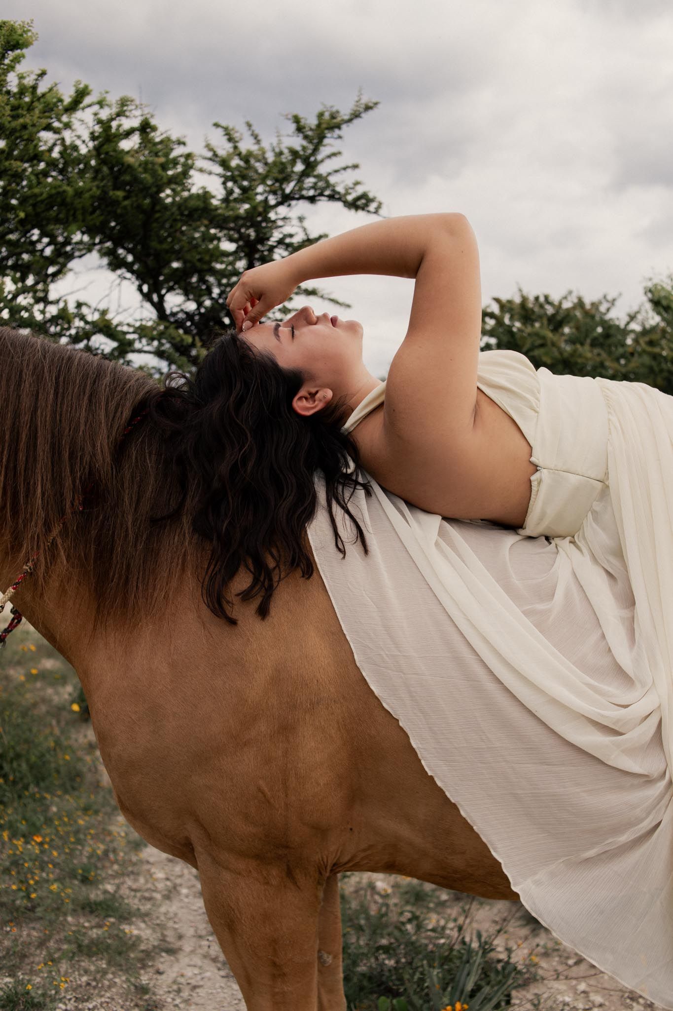 Woman in a flowing cream dress reclines backward over a palomino horse, one arm raised, with trees and a cloudy sky behind her.