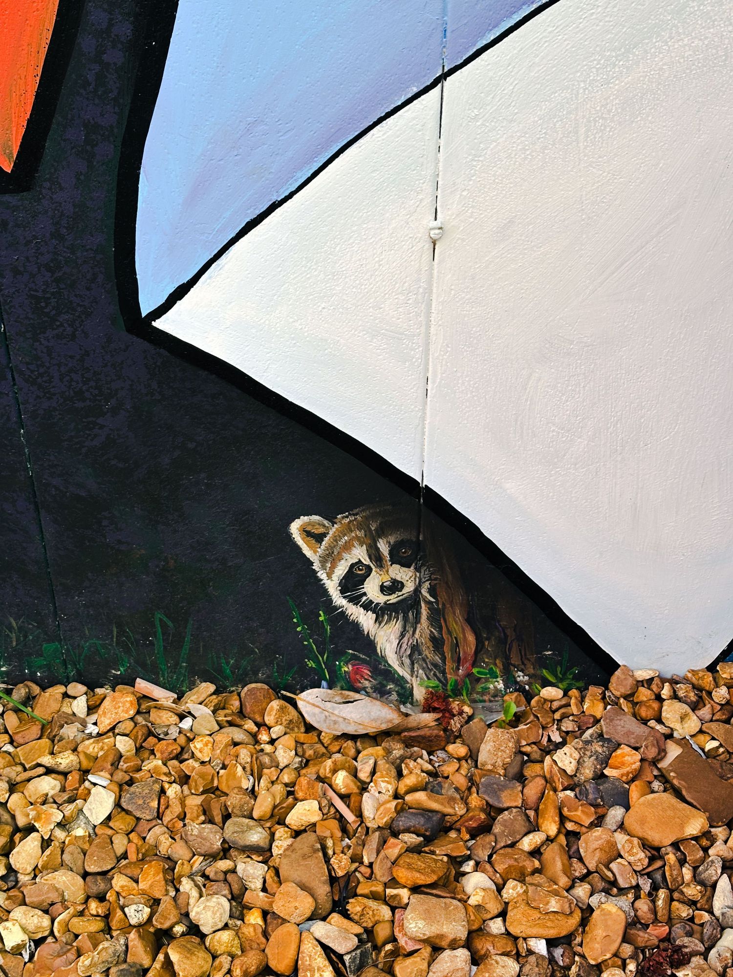 Raccoon peeking out from behind colorful outdoor wall art.