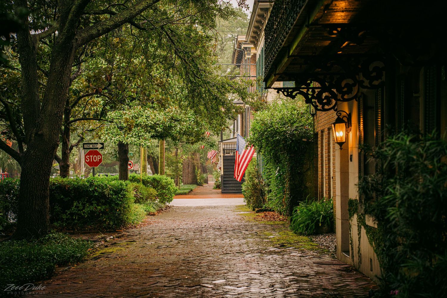 Cobblestone street lined with trees and historic buildings in Savannah, Georgia.