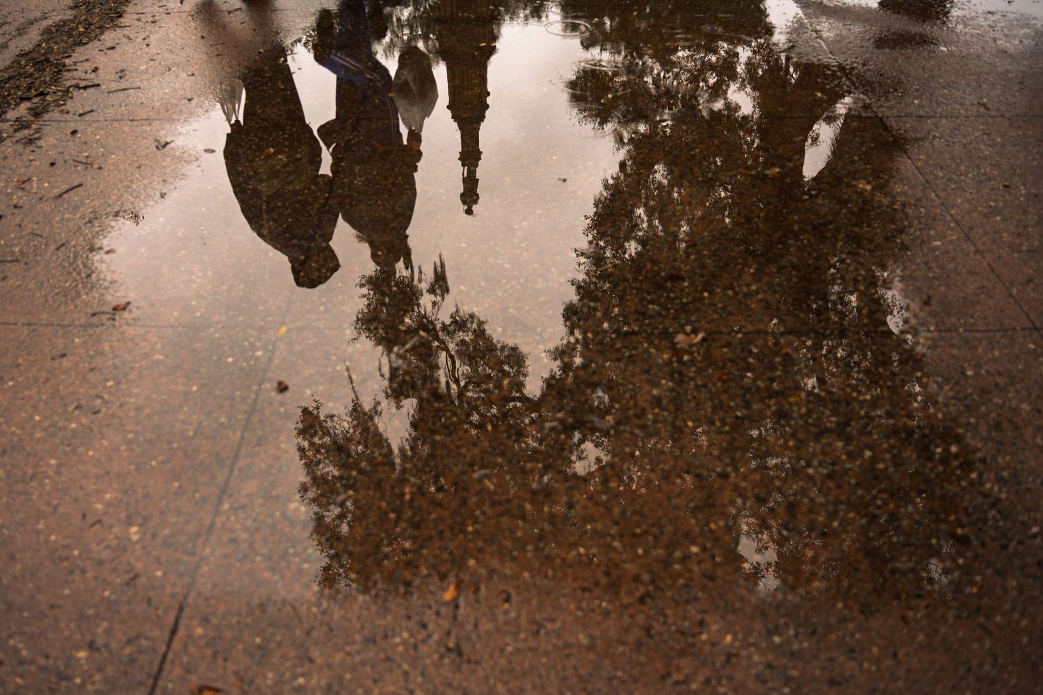People walking in Savannah, Georgia, reflected in a puddle.