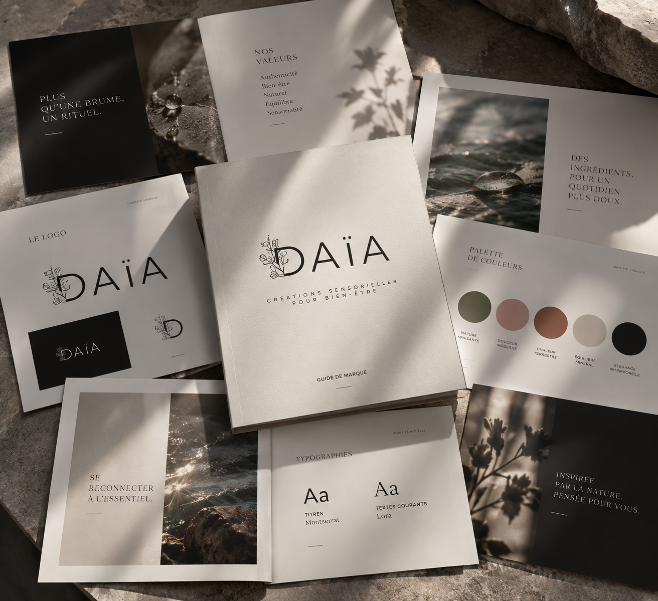 Daïa brand identity design spread showing logo, color palette, typography, and nature photography layouts.