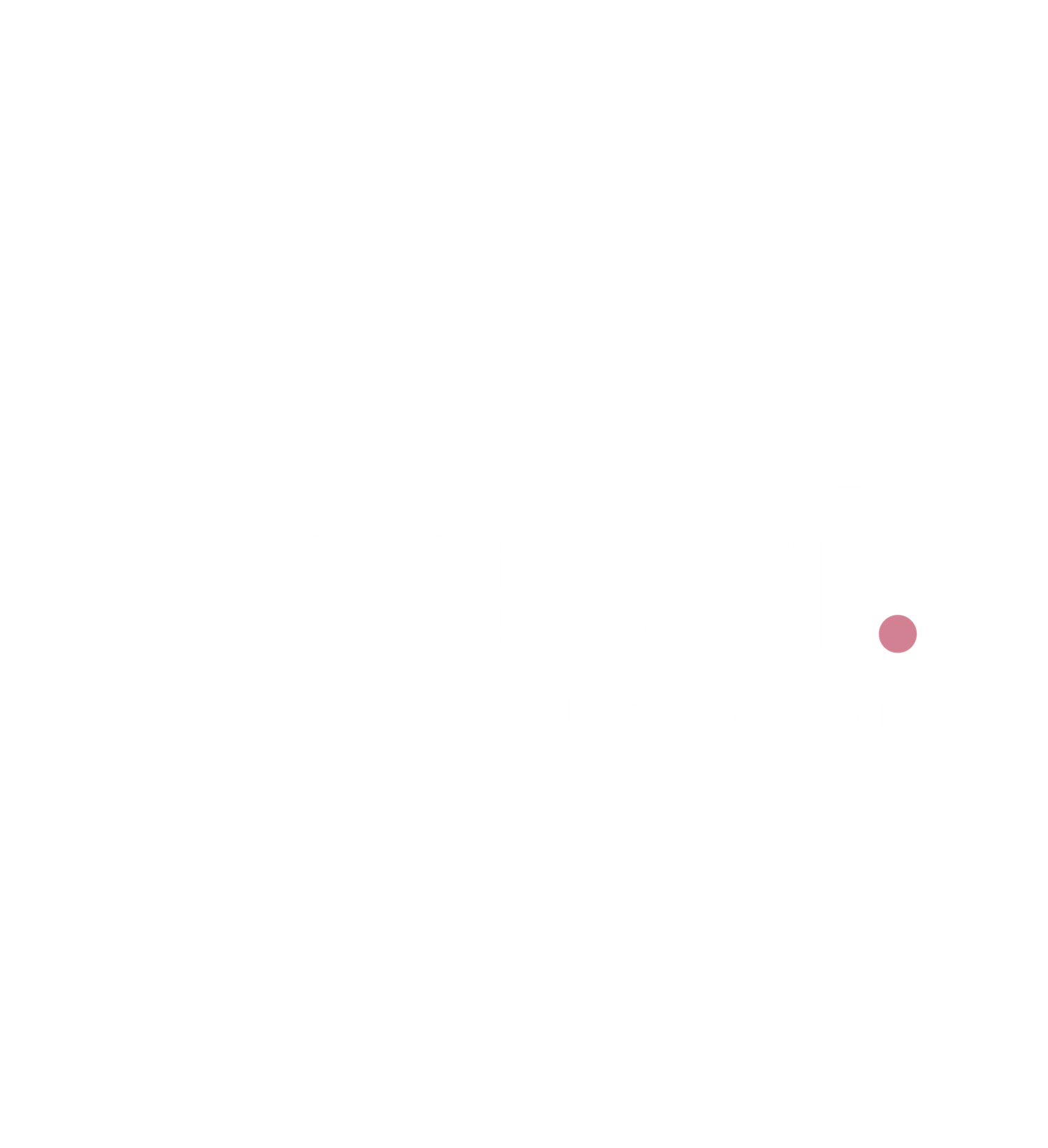 Minimalist white design with a single small pink dot in the lower right corner.