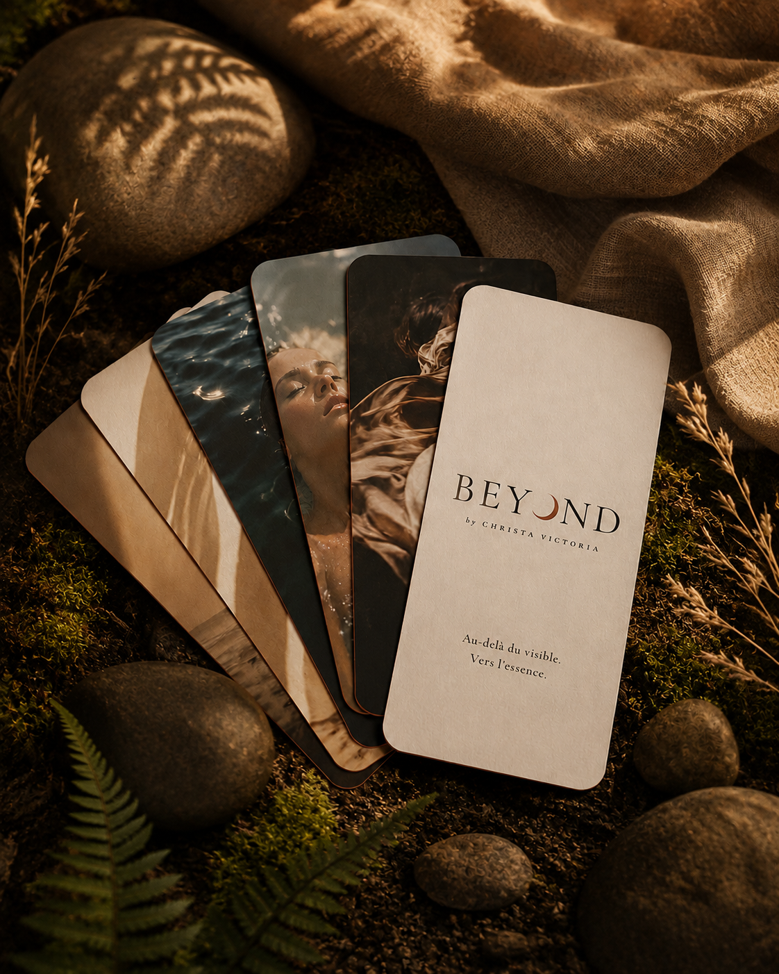 Fanned Beyond oracle cards with portrait imagery rest on moss, stones and ferns beside a linen cloth in warm, dappled sunlight.