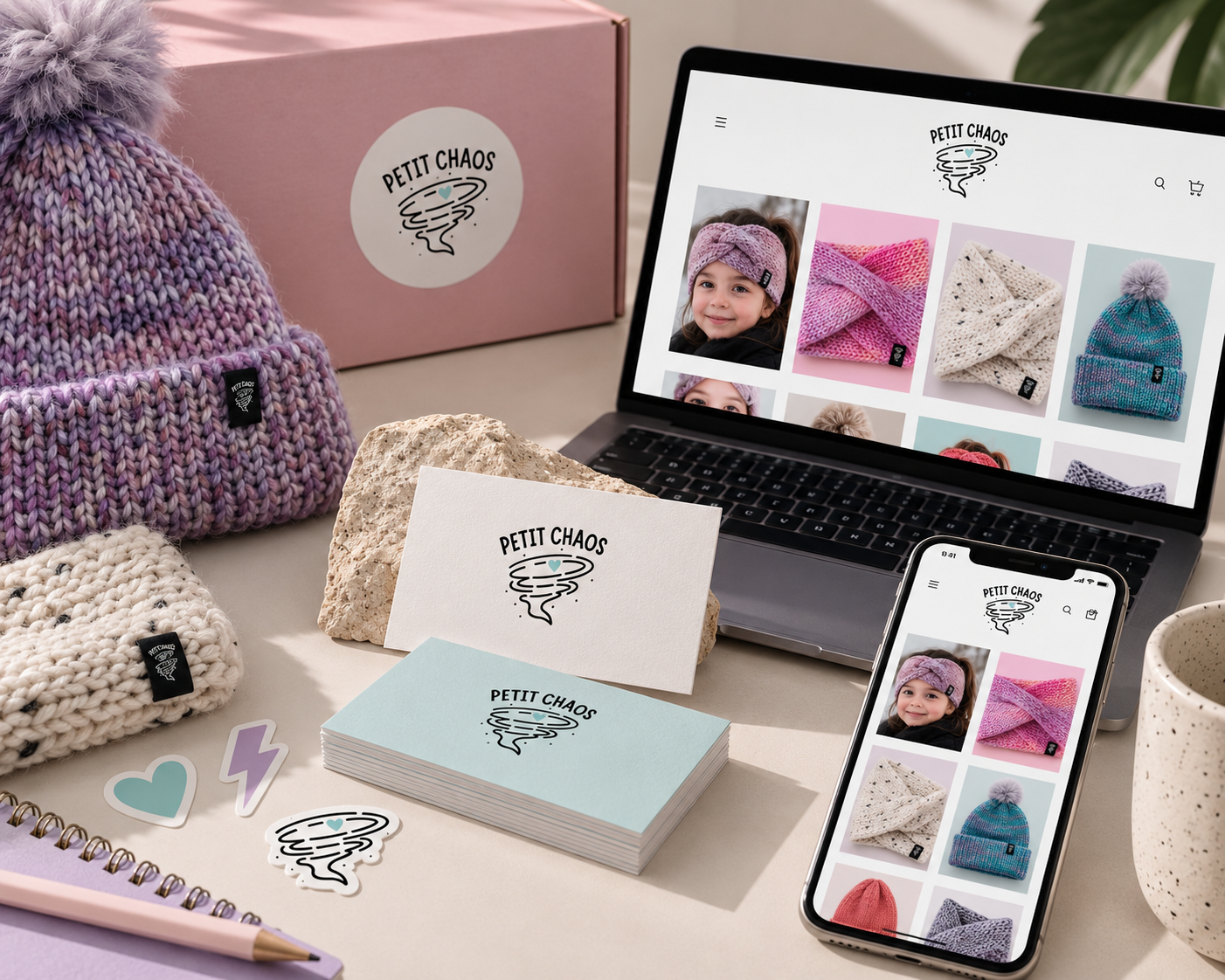 Petit Chaos knitting brand mockup with beanie, business cards, laptop, and phone displaying colorful hats.
