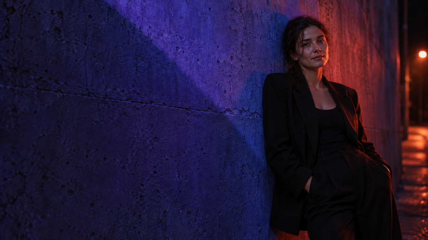 Woman in black blazer leaning against a textured wall under dramatic blue and red neon lighting at night.