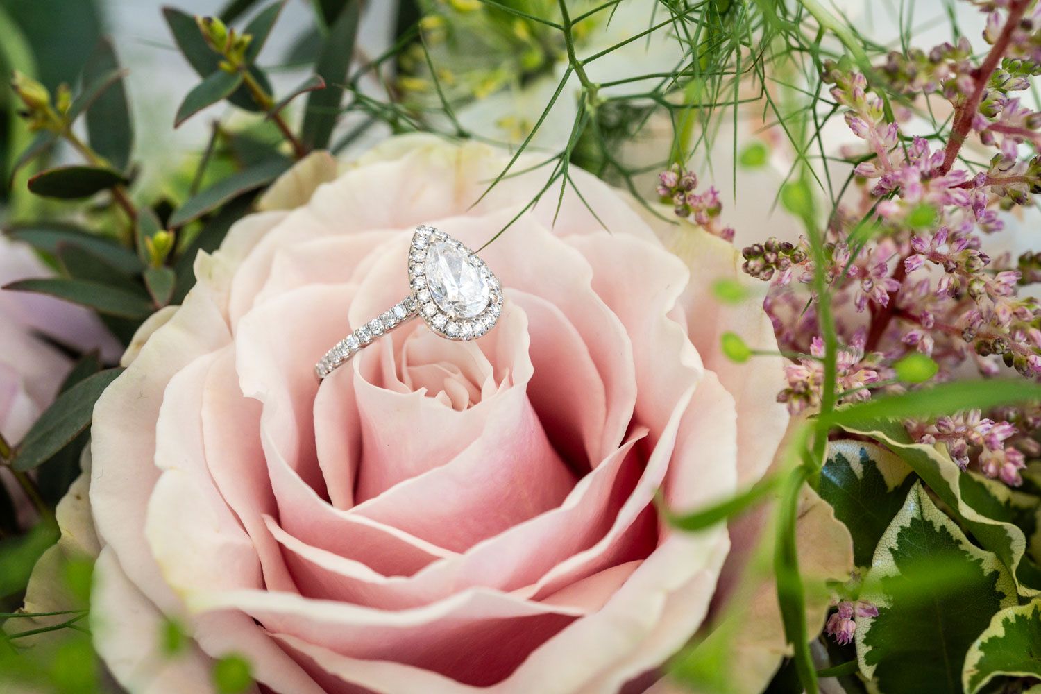 A diamond engagement ring rests atop a light pink rose bloom surrounded by delicate greenery and flowers.