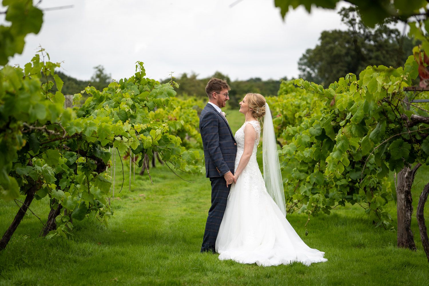 Couple stands together in a beautiful vineyard setting on their wedding day.