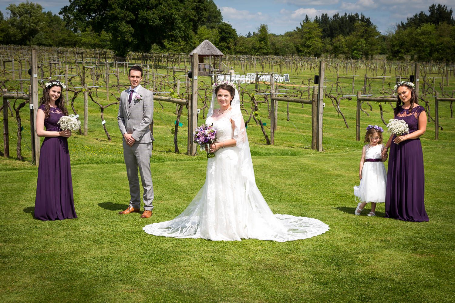 Wedding party stands on manicured lawn with vineyard backdrop during outdoor summer ceremony celebration.