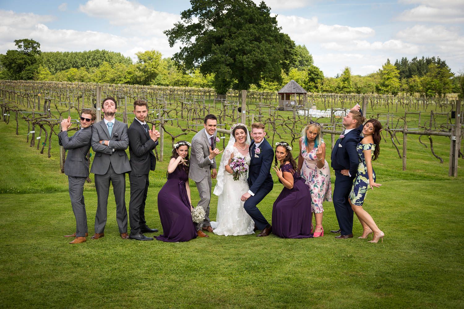 Wedding party poses together on a green lawn with vineyard rows in the background on a sunny day.