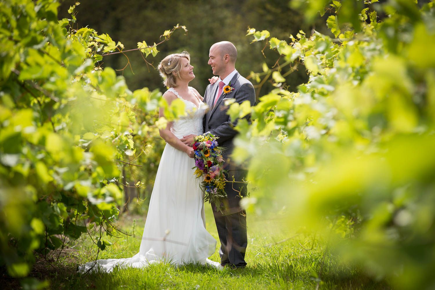 A couple embraces outdoors in a vineyard with green foliage creating romantic frame and natural lighting.
