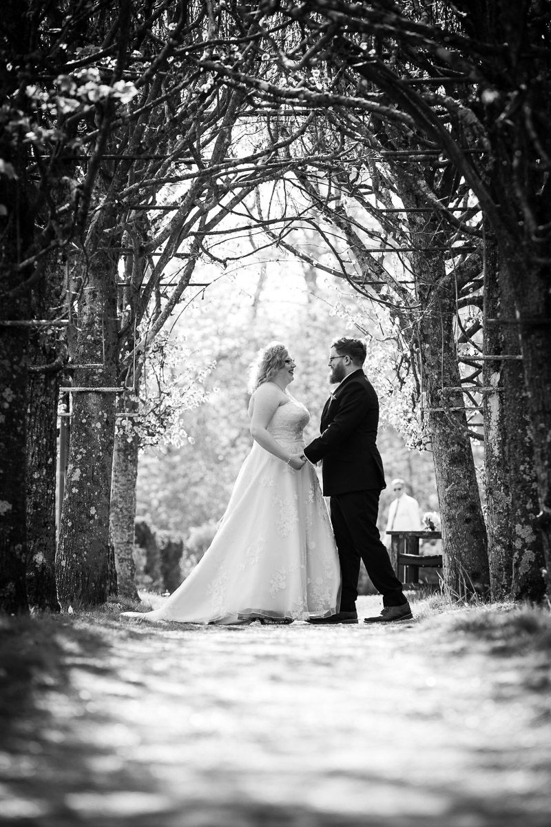 A romantic black and white wedding photo showing a couple standing beneath an archway of intertwined branches and trees.