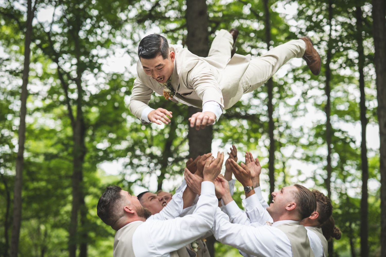 Groomsmen toss a groom in a tan suit into the air beneath tall green trees in a joyful outdoor wedding celebration.