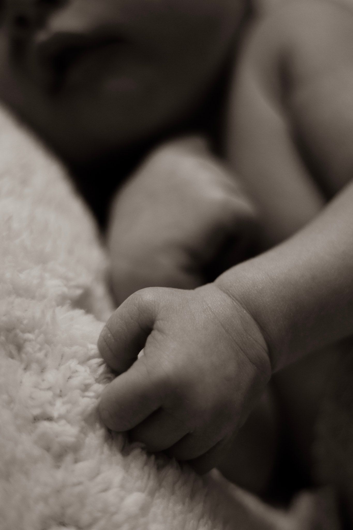 Close-up black and white photograph of a baby's tiny hand resting on soft white fabric.
