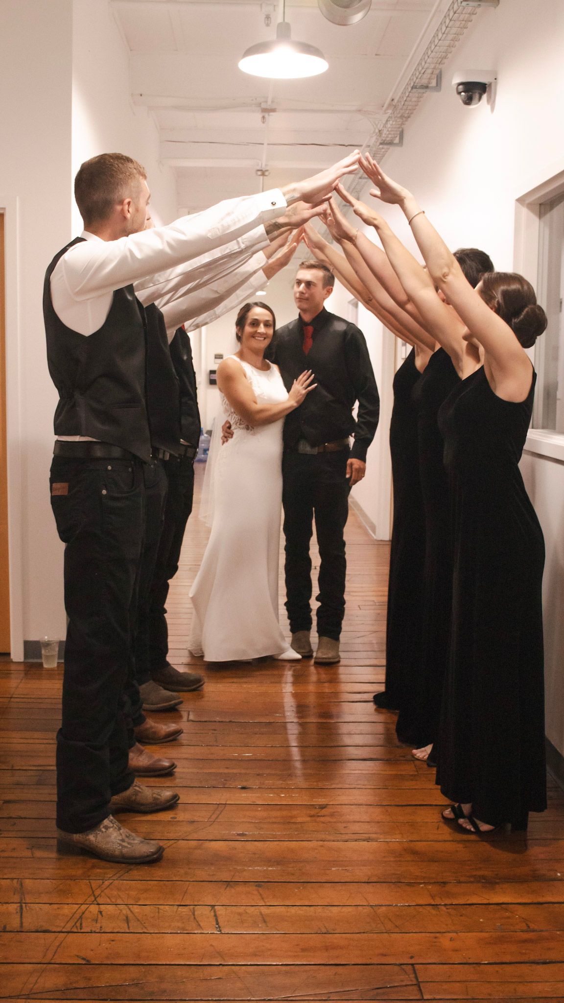 A sequence of wedding dance photos showing a couple performing romantic dance moves on a wooden floor.