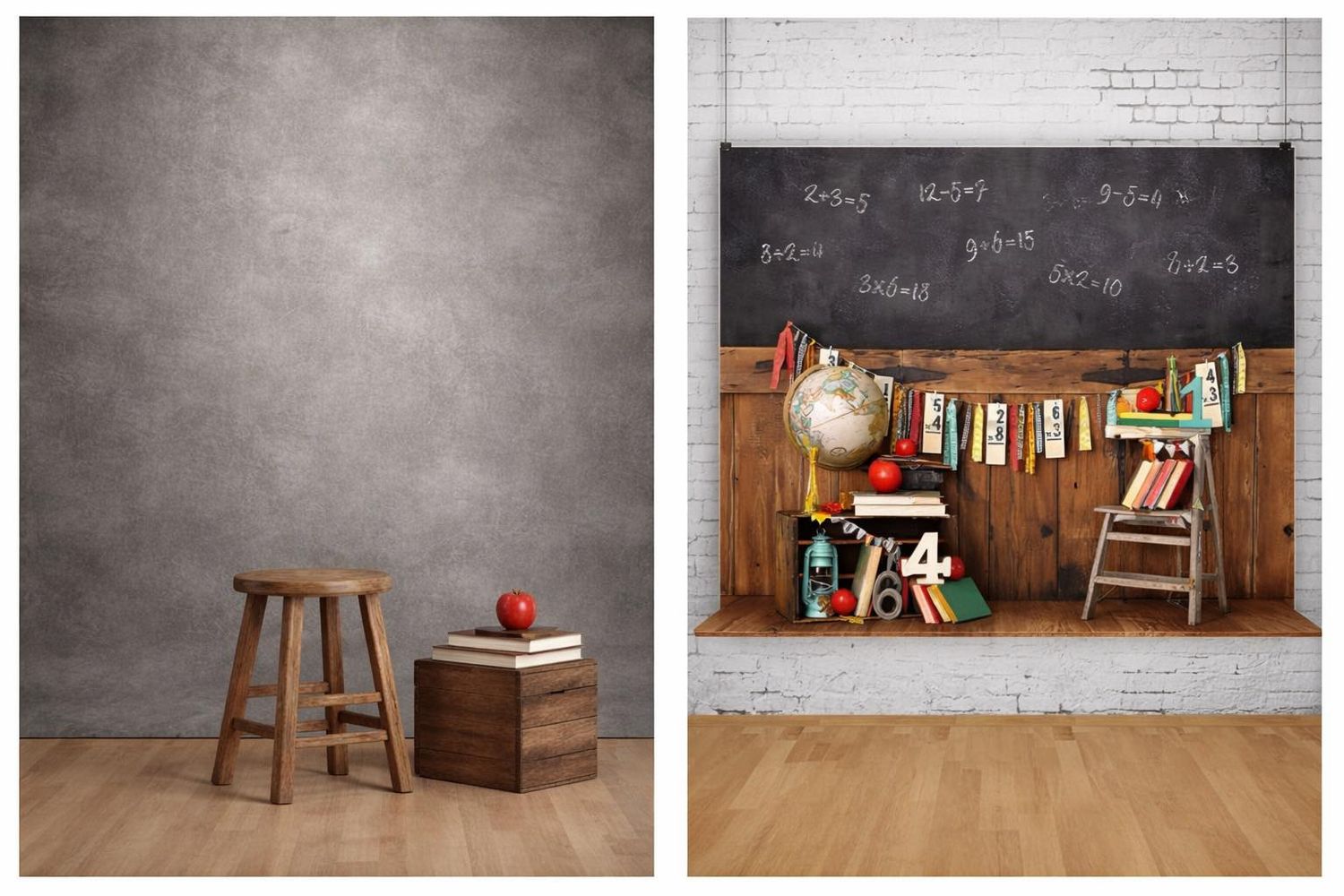 A collection of wooden stools and desks arranged in a classroom setting with a chalkboard and educational materials.