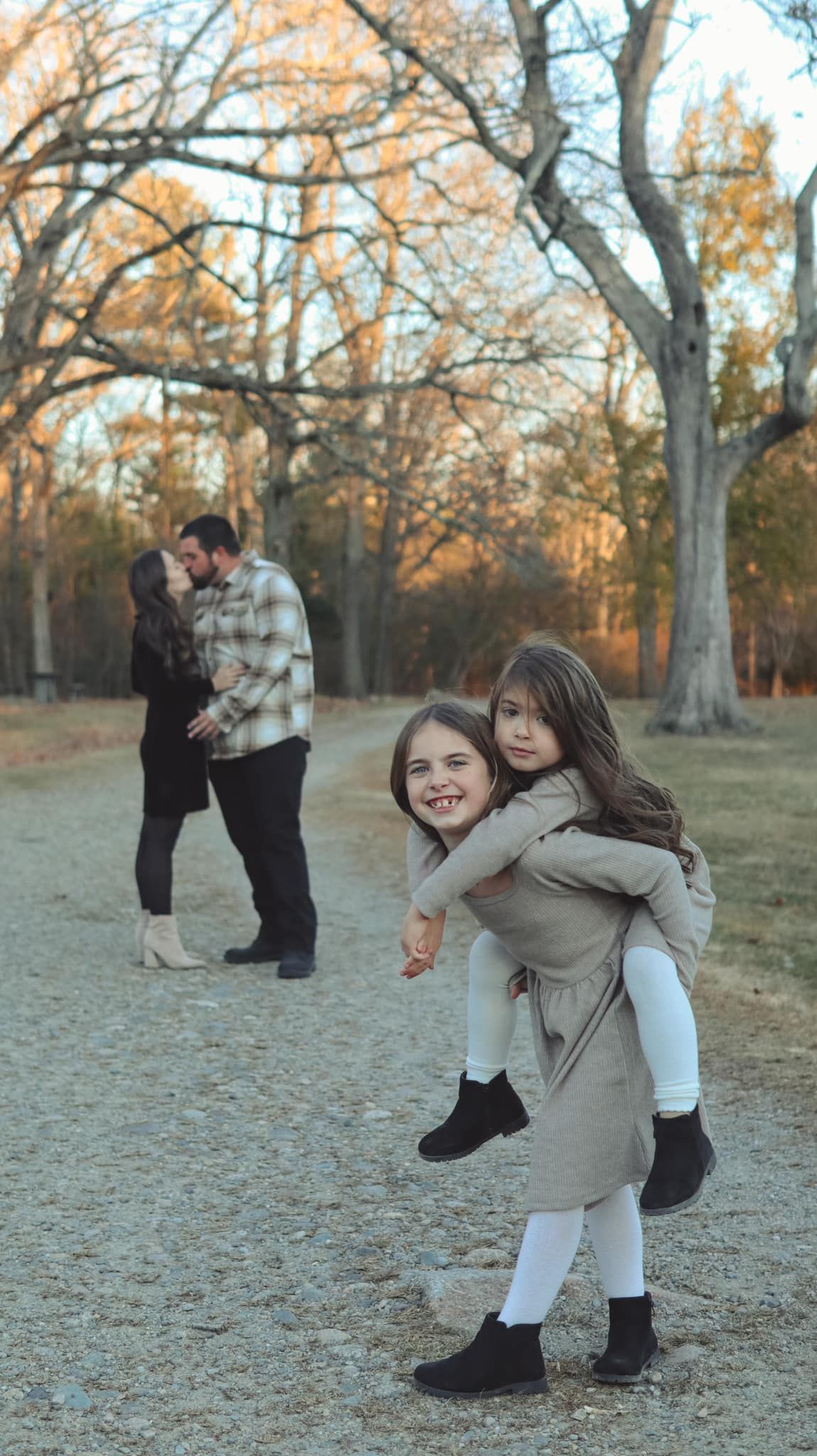 Playful sequence of piggyback rides and laughter in a fall setting.