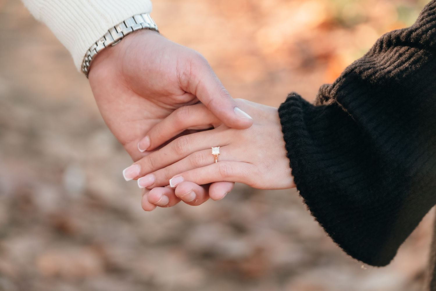 Close-up detail shots of hands with wedding rings and jewelry.