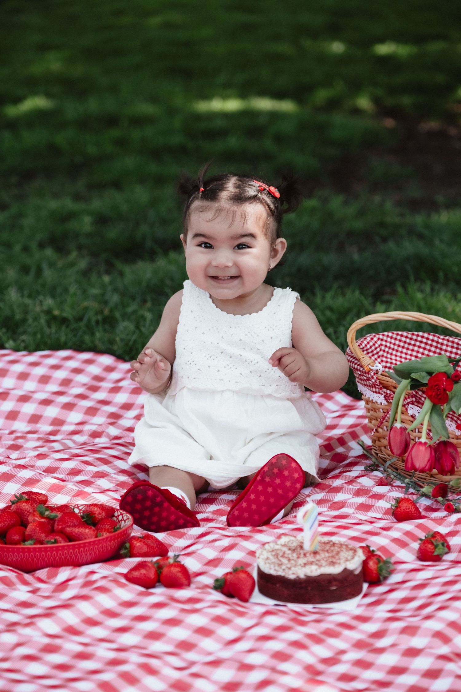 Smiling baby girl in white dress sits on red checkered blanket with strawberries and birthday cake at outdoor picnic.