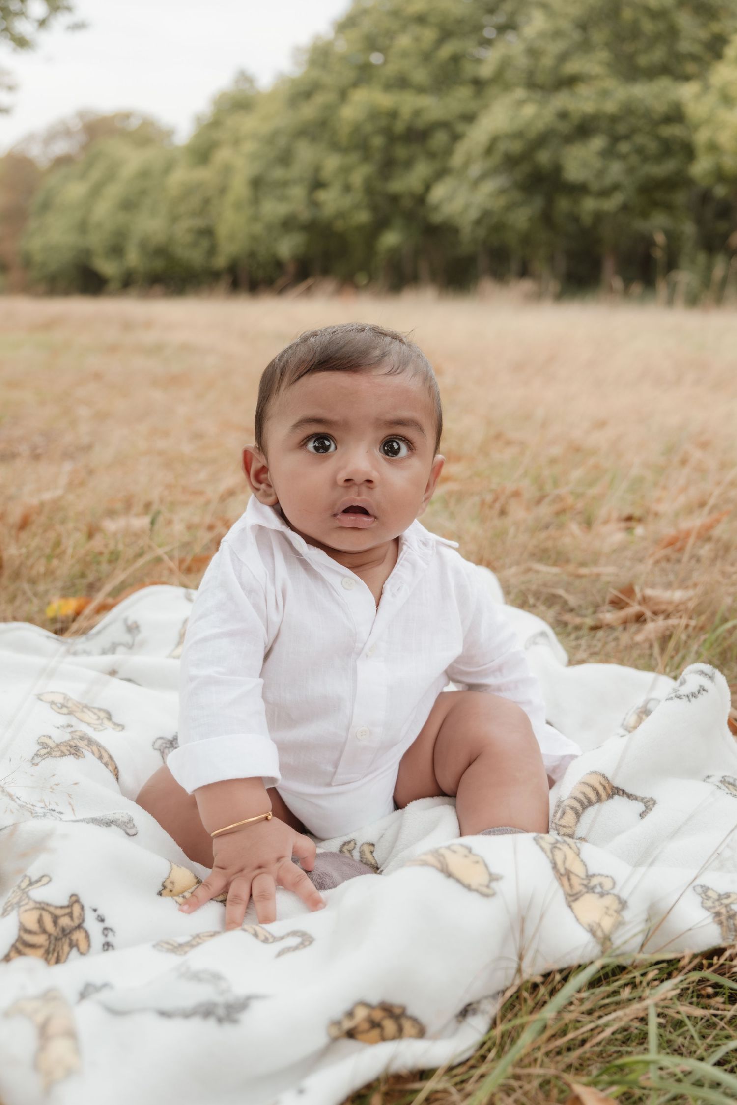 Baby in white clothing rests on a blanket in an autumn field.