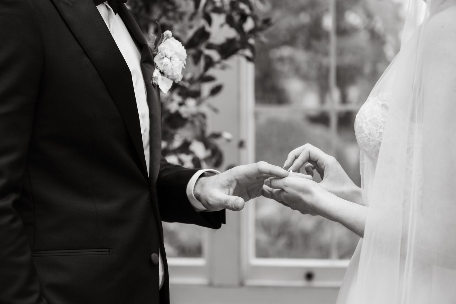 An elegant wedding photo sequence capturing intimate moments between a couple in formal attire.
