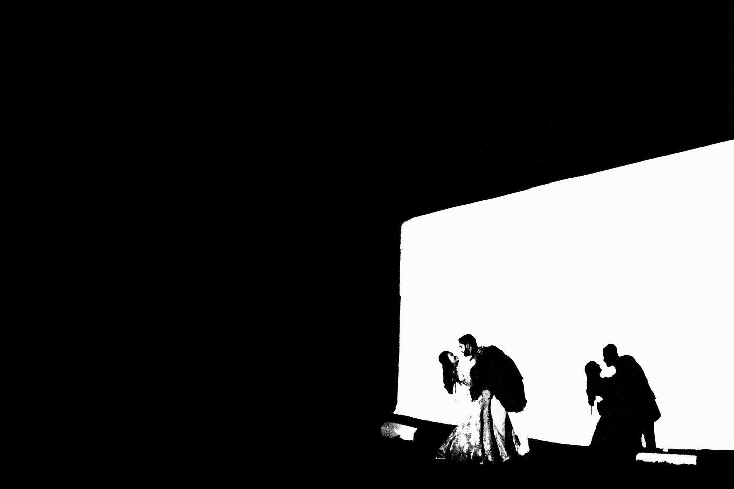 Silhouetted figures in romantic poses against stark white and black contrasting background.