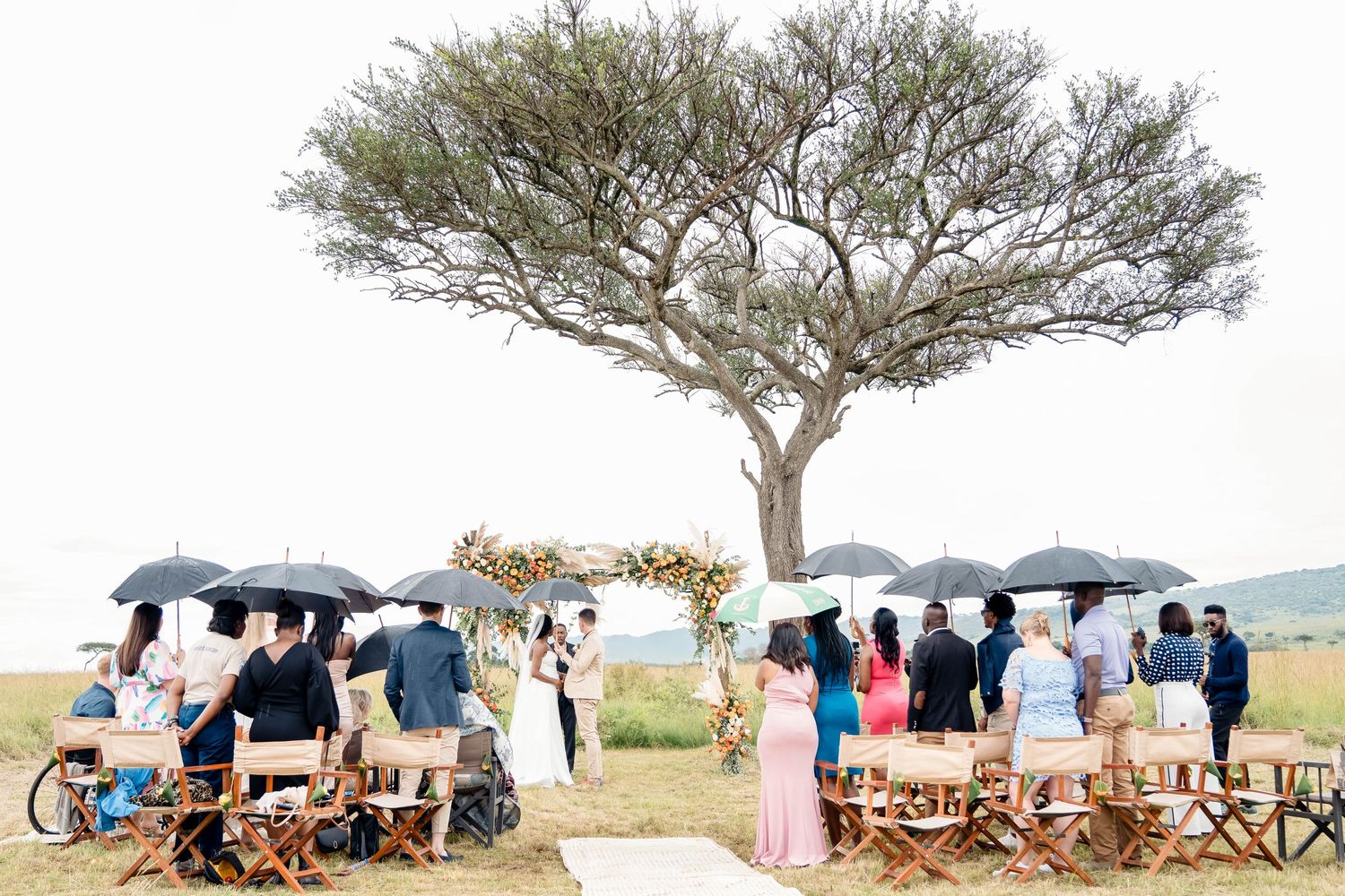 Outdoor wedding ceremony under an acacia tree with guests holding umbrellas in the savanna.