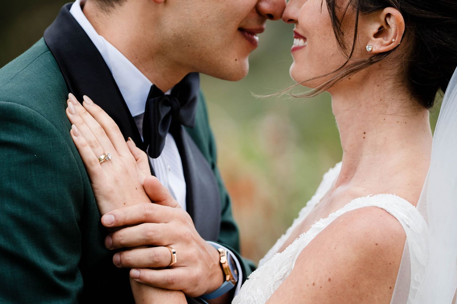 Romantic couple in wedding attire share intimate moments in a series of close-up portraits outdoors.