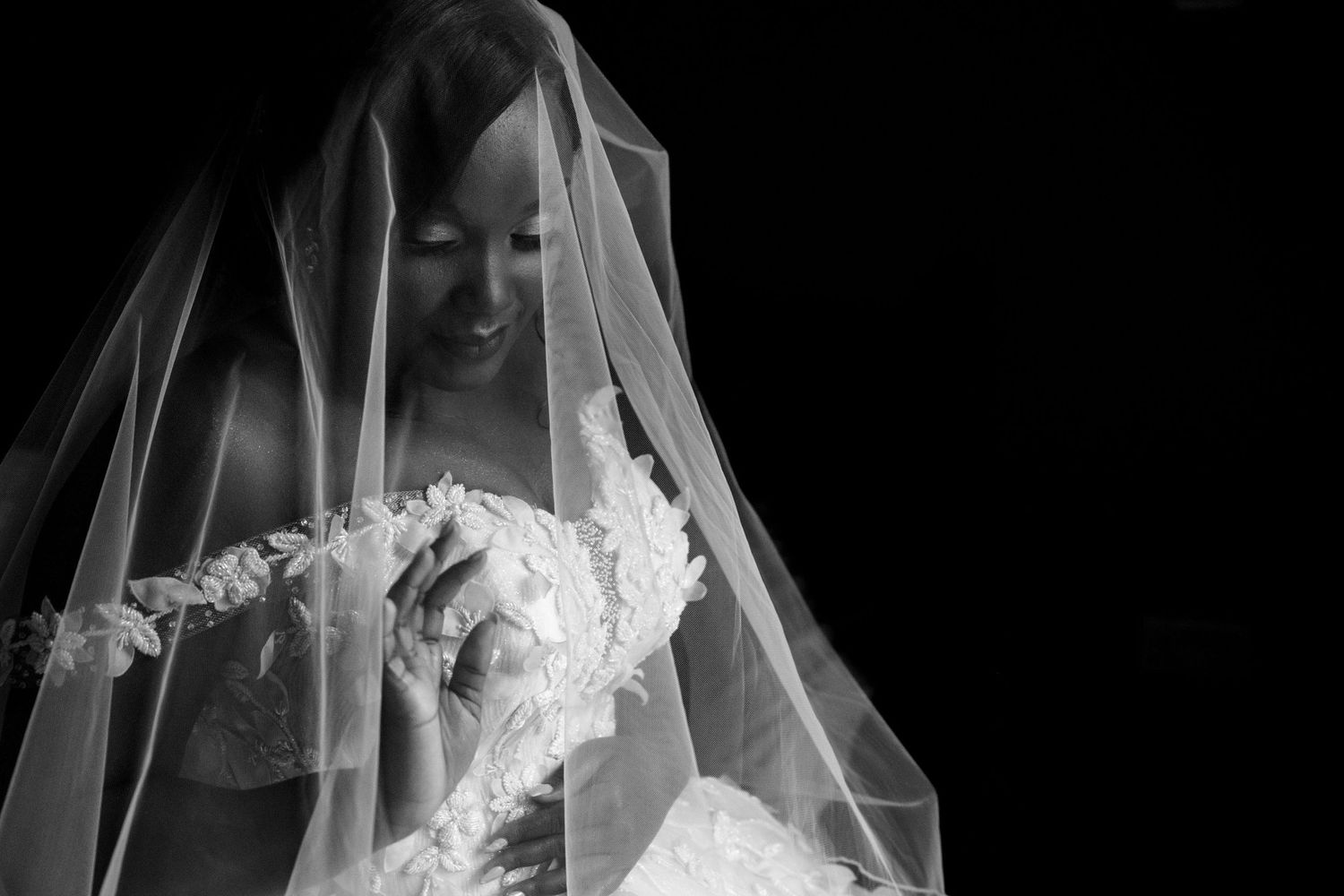 Artistic black and white portrait of a bride wearing a delicate lace veil in soft window light.