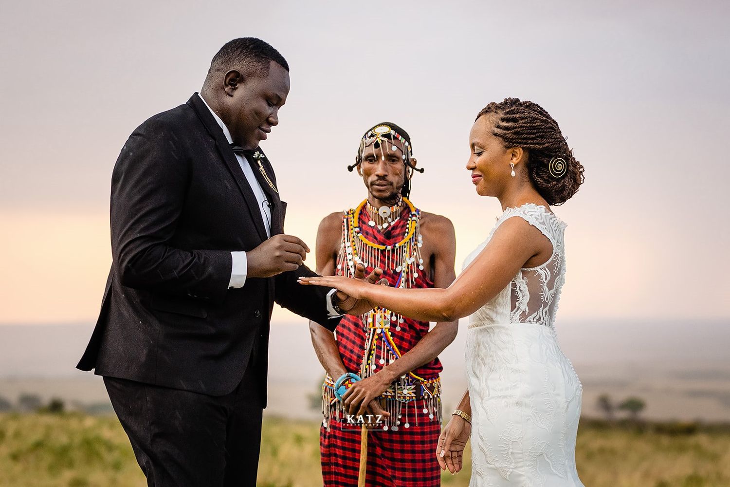 Wedding ceremony moments captured during a multicultural celebration at sunset.