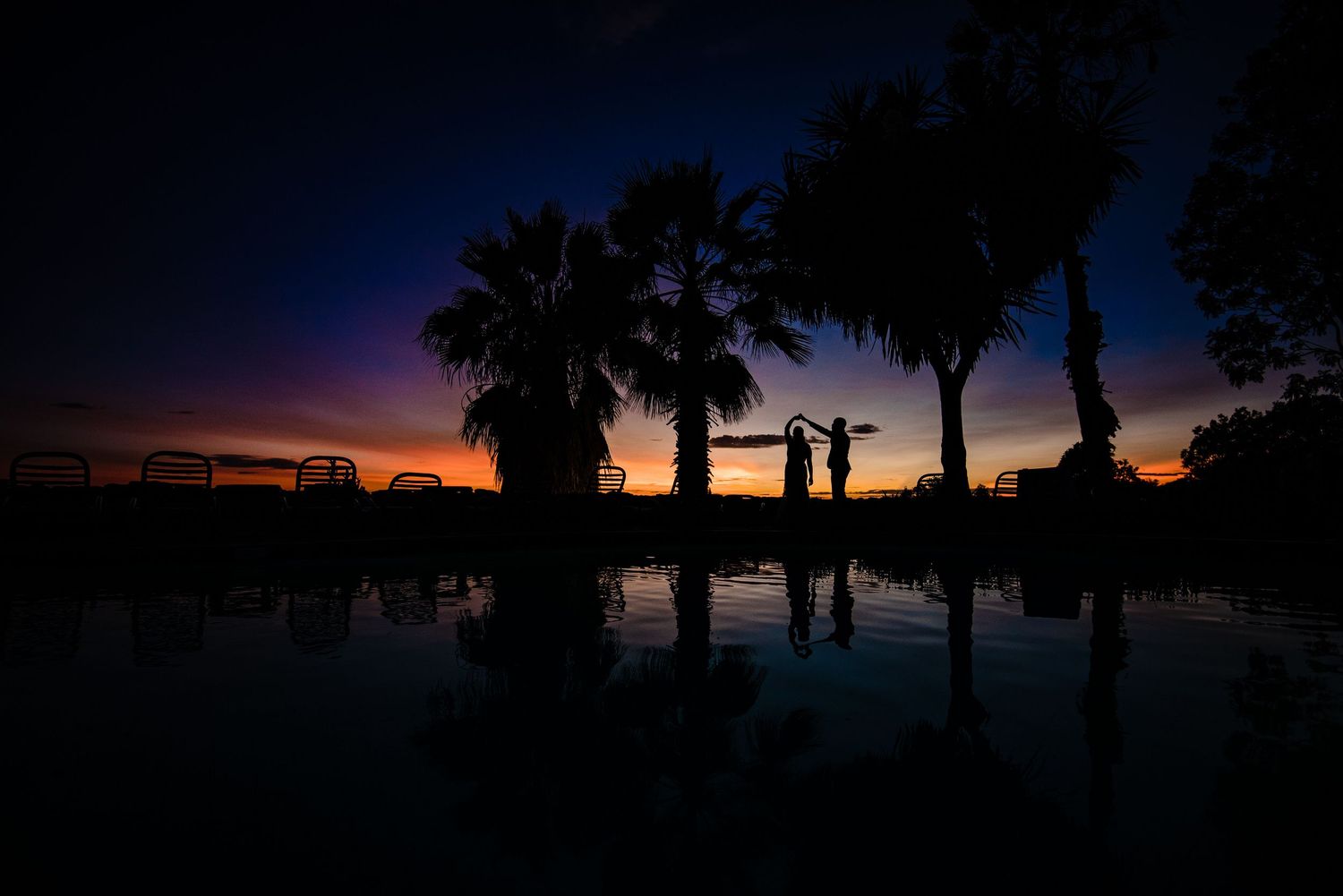 Sunset silhouette of palm trees creating a dramatic coastal skyline.