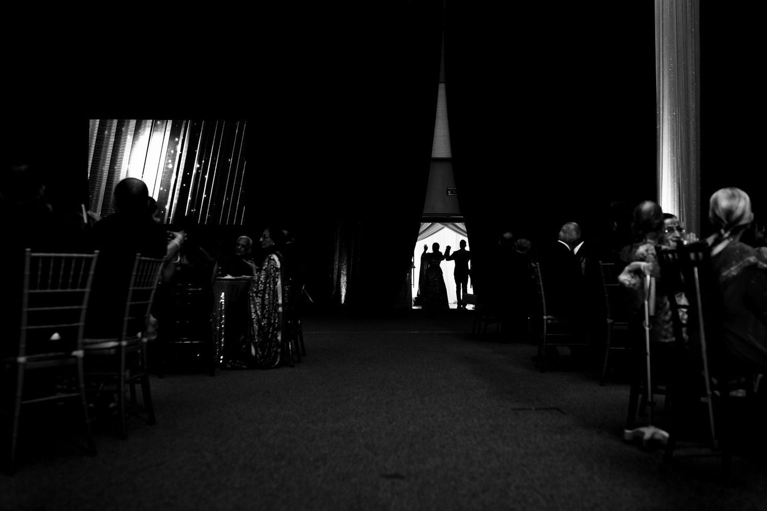 Artistic low-light venue shots showing architectural details and lighting.