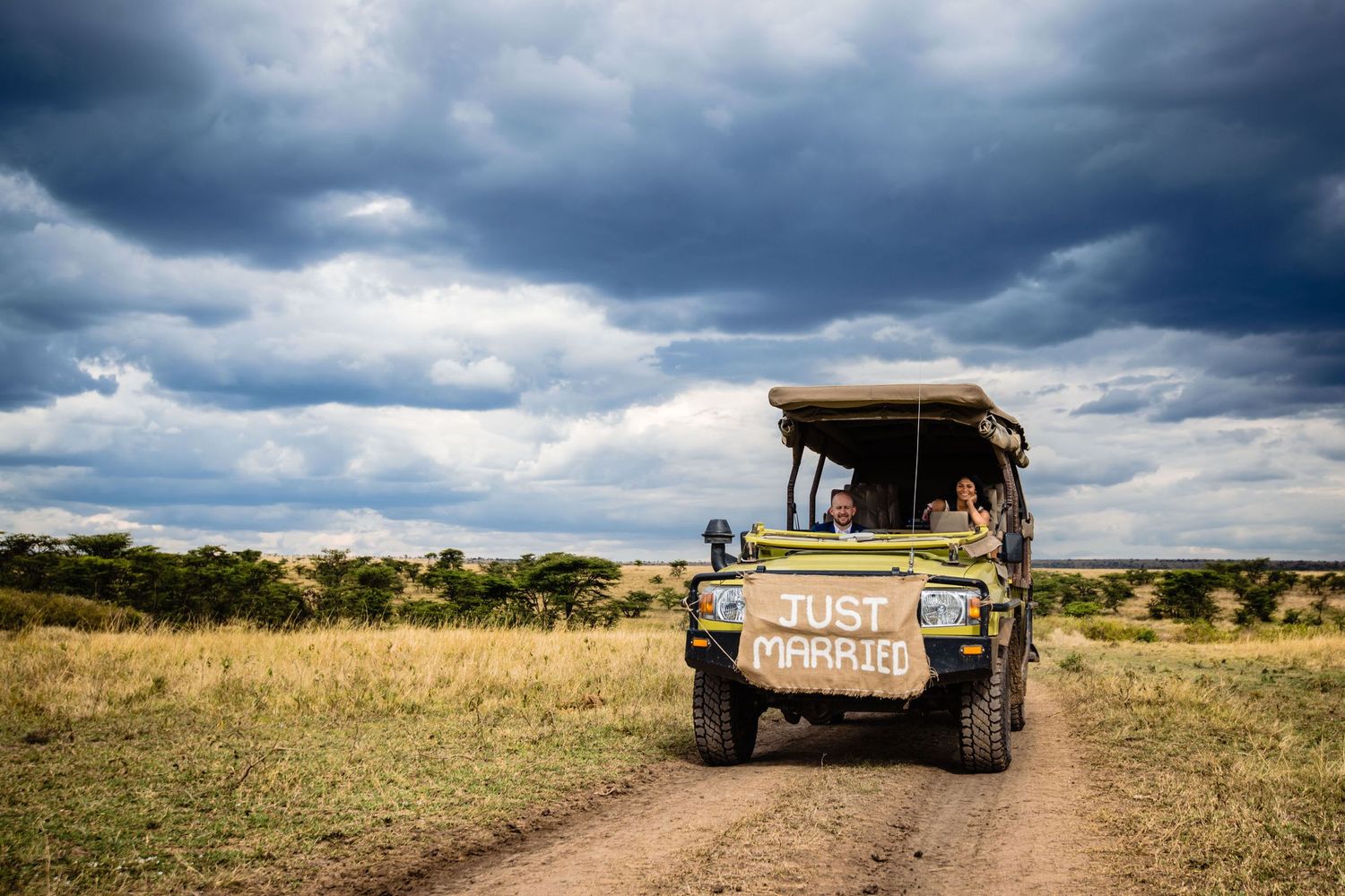 Safari vehicles traverse golden savannah under dramatic stormy sky.