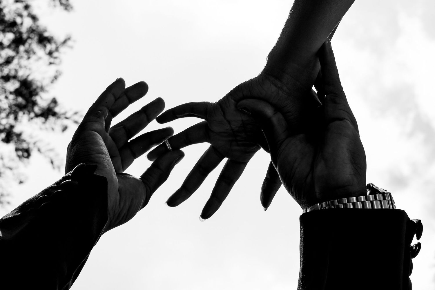 Silhouetted hands against bright sky in artistic black and white composition.