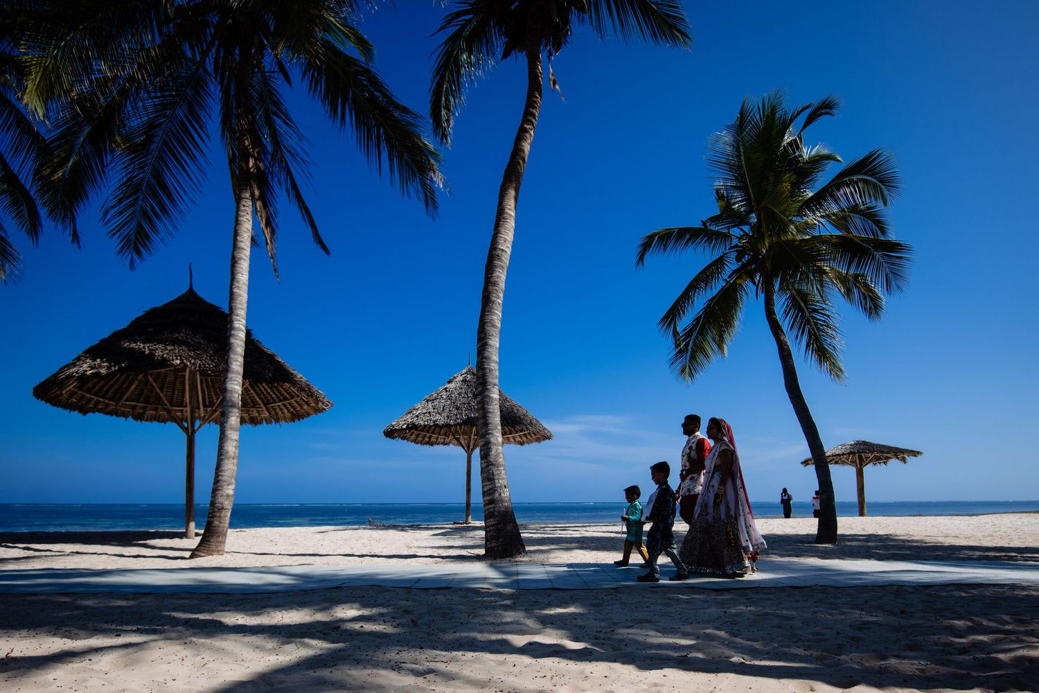 Palm trees sway against a bright blue sky at a tropical beach destination.