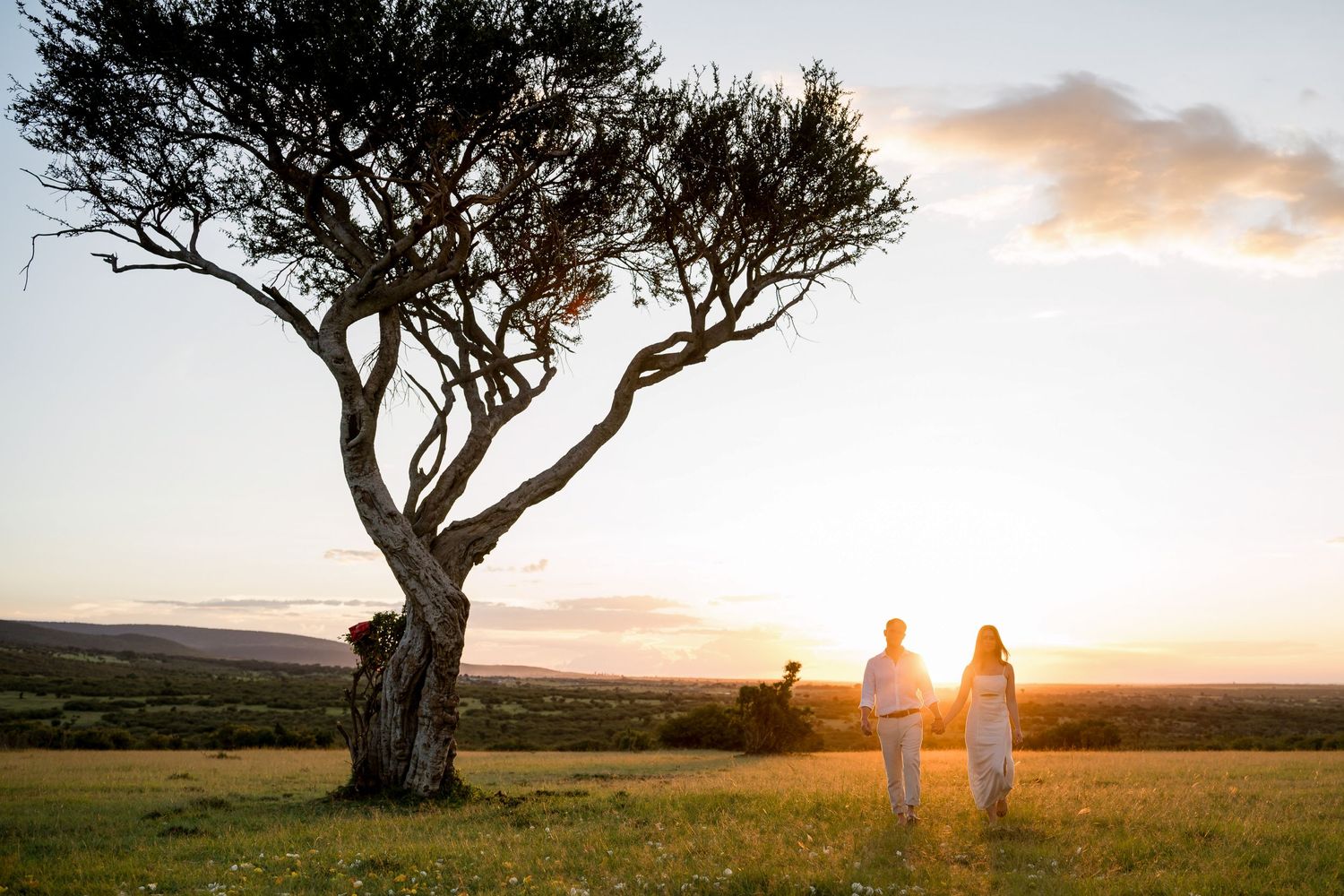 Three silhouettes walk past a lone acacia tree during an African sunset.