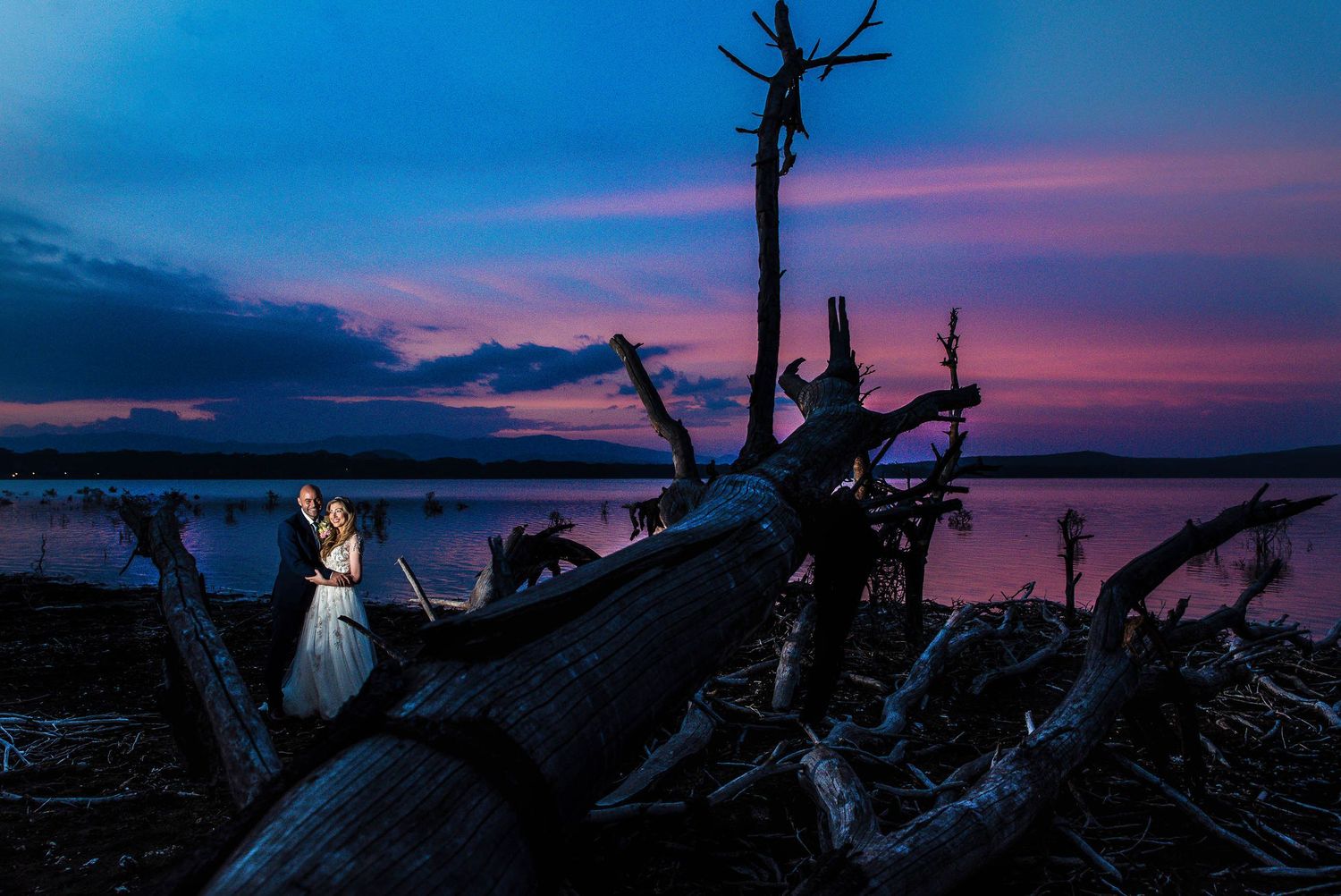 Bride and groom embrace among driftwood by a lake at twilight with a stunning purple and pink sunset sky.