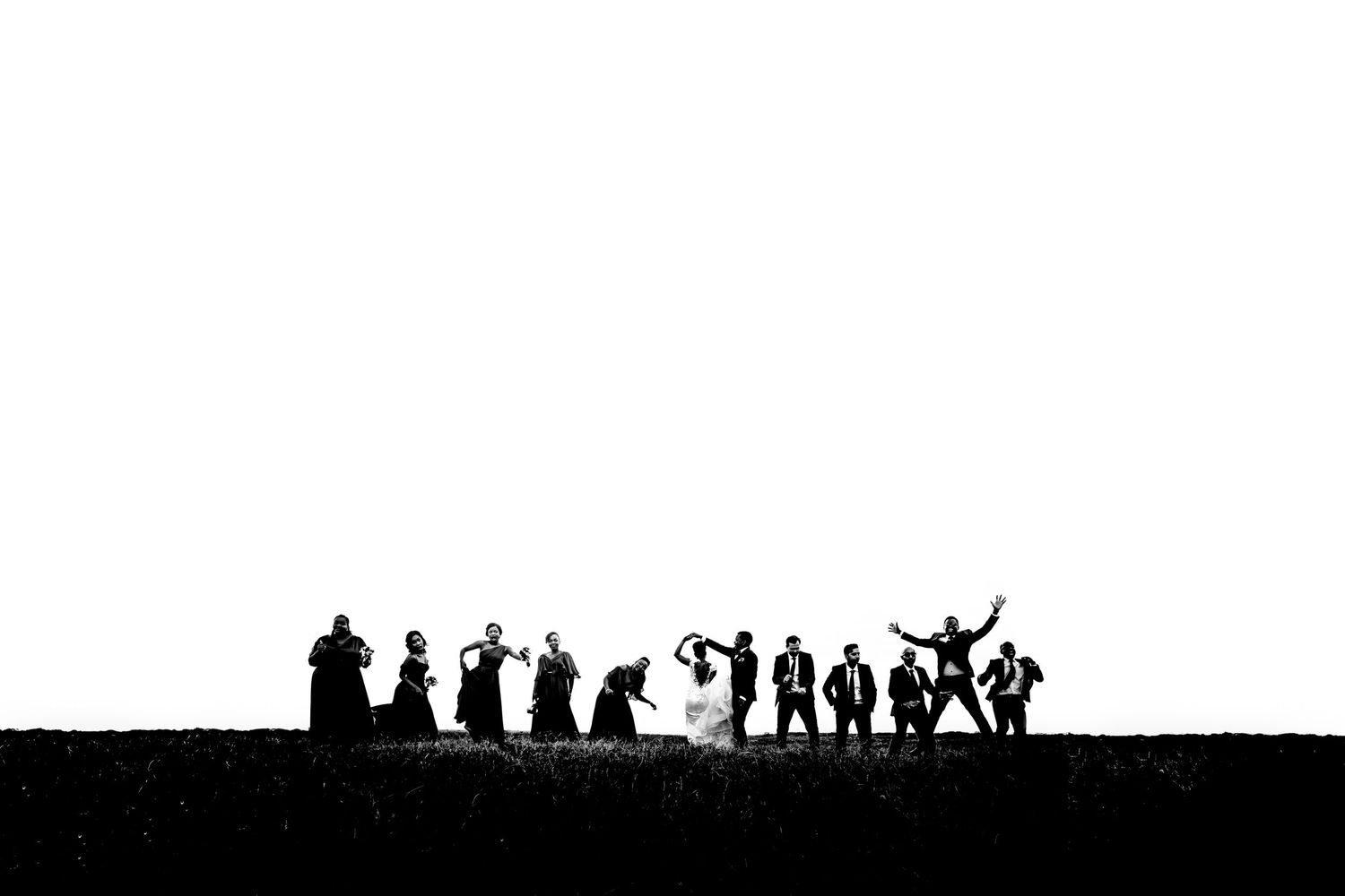 Silhouettes of wedding party members posing dramatically against bright sky.