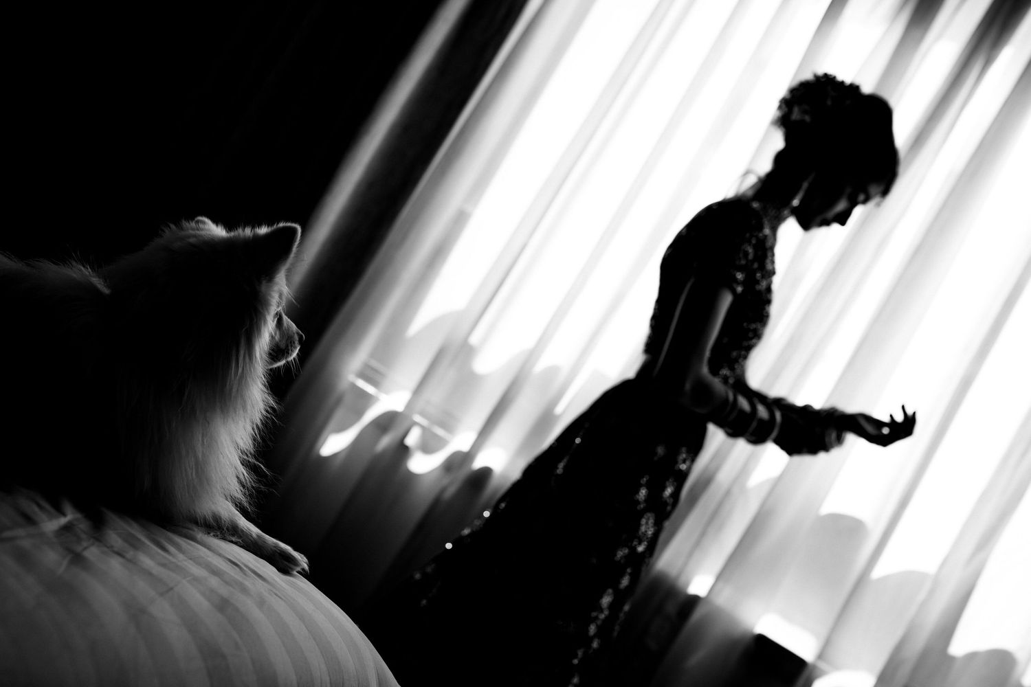 Artistic silhouette of wedding preparation against backlit curtains.