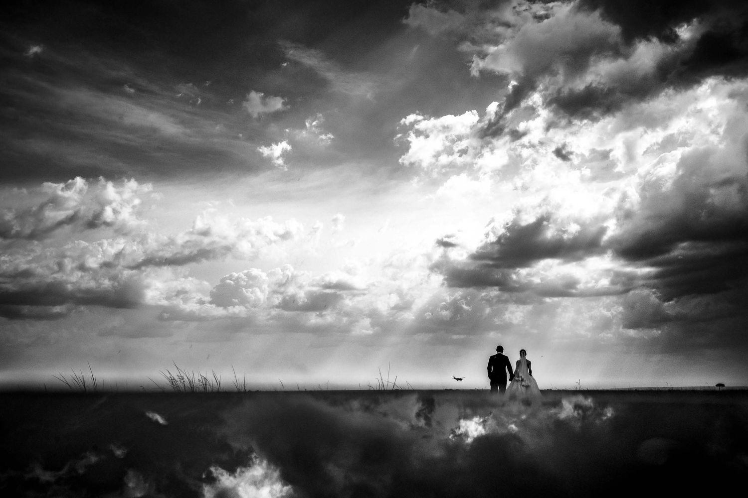 Silhouettes against a dramatic black and white sunset sky with storm clouds.