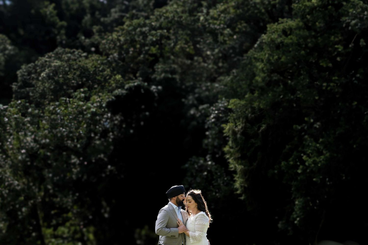 A wedding couple shares an intimate moment in a sunlit forest clearing.