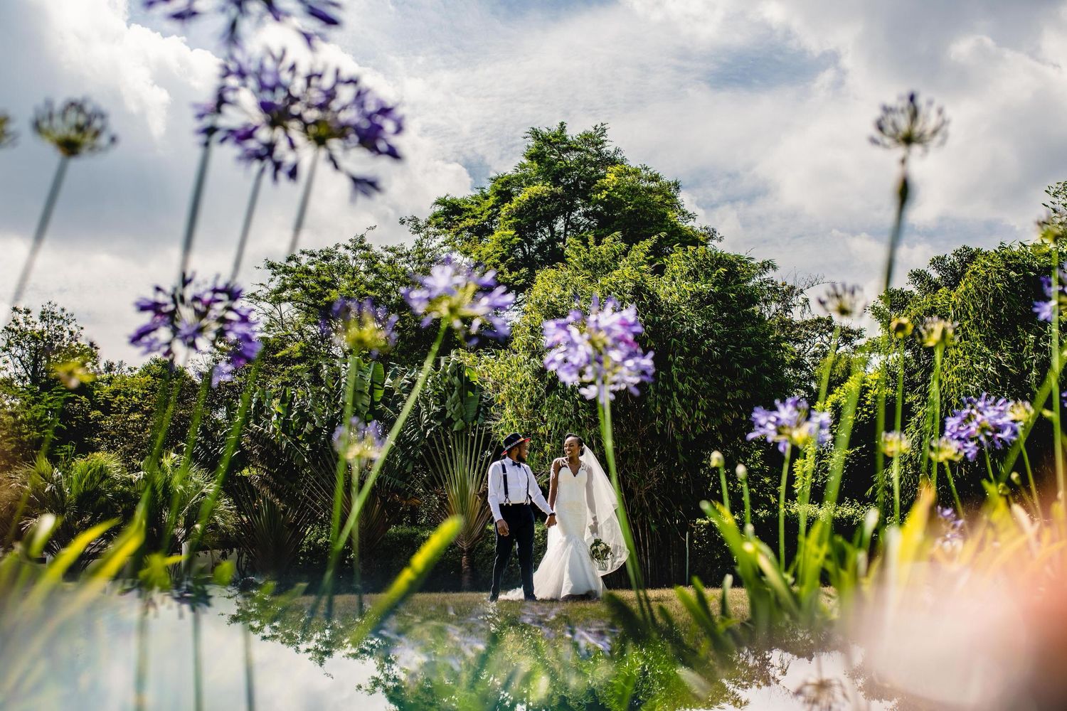 Garden scene with purple flowers and natural sunlight filtering through.