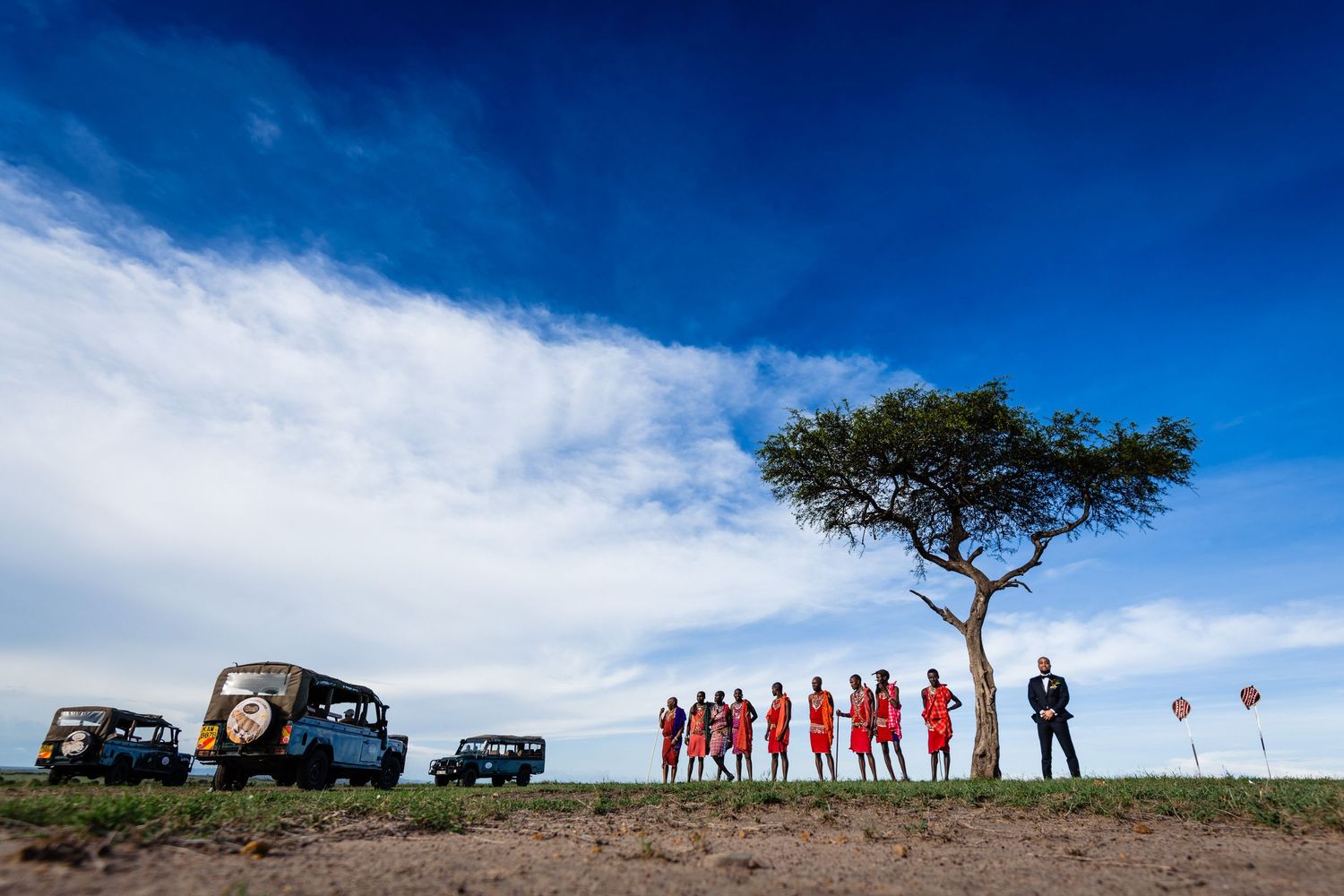 Safari vehicles parked beneath a lone acacia tree with people silhouetted against bright blue sky.