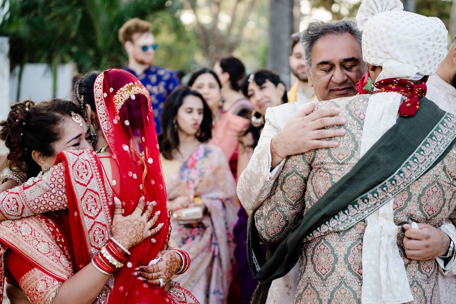 Collage of wedding celebration moments showing traditional Indian attire and customs during ceremony festivities.