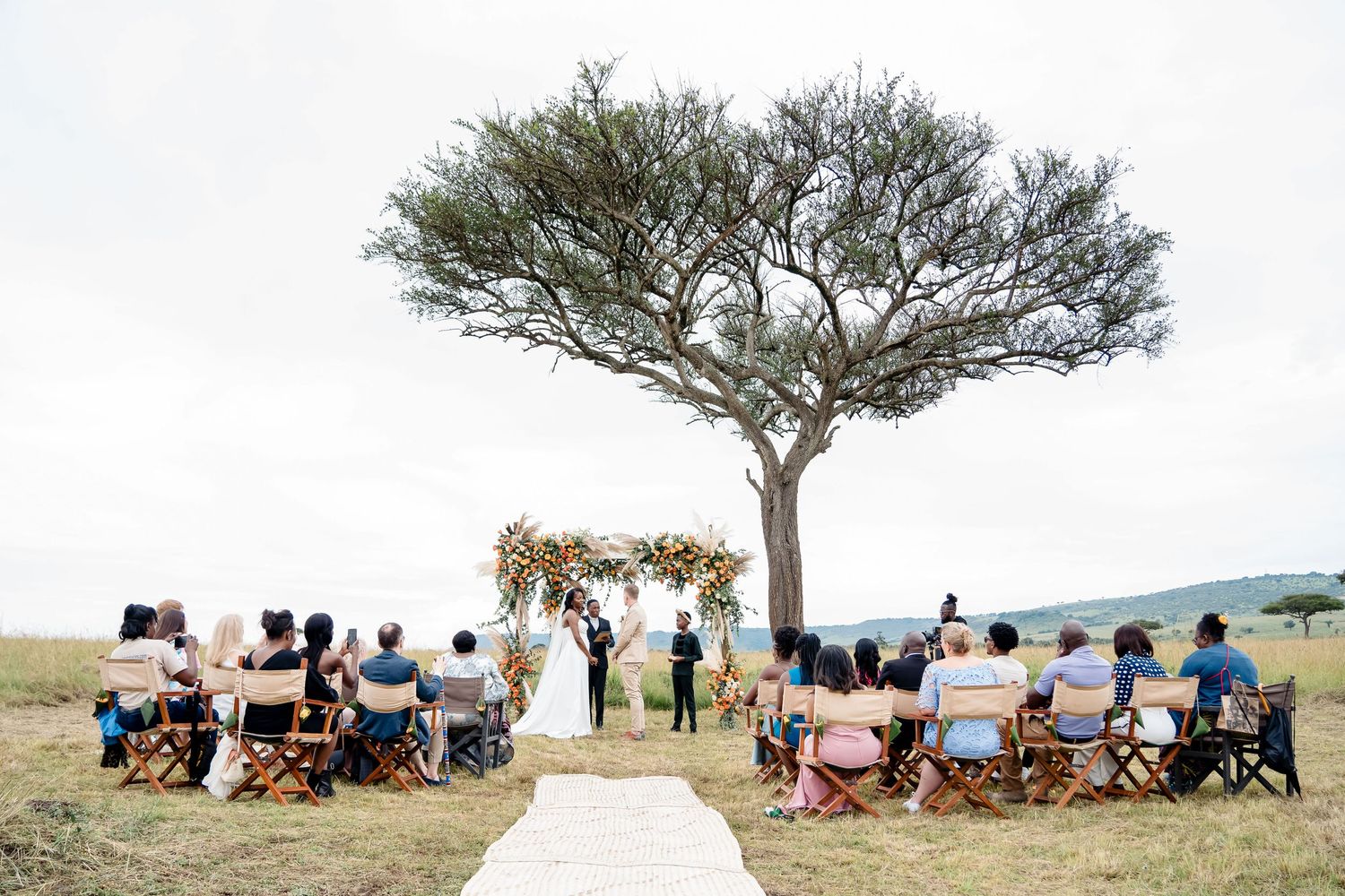 Outdoor wedding ceremony setup under lone acacia tree with white aisle runner and wooden chairs.